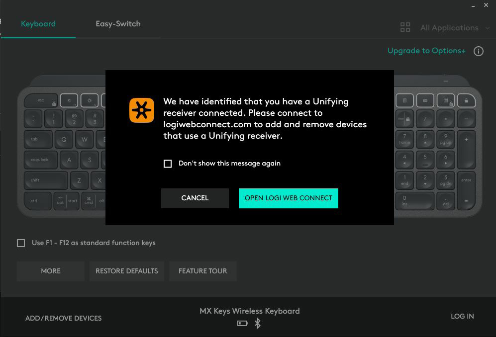 This is the message you get now on Logi Options software if you have a Unifying Receiver