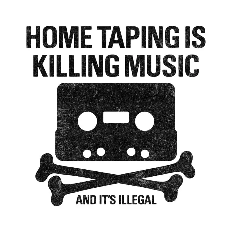 The cassette and crossbones logo and slogan of the British Phonograph Industry&#39;s 1980s &quot;Home Taping is Killing Music&quot; campaign.