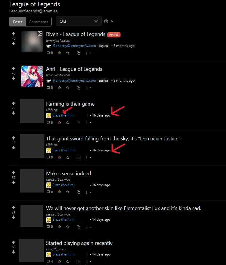 Screenshot of this community sorted by old