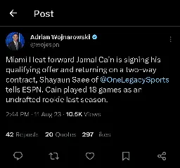 [Woj] Miami Heat forward Jamal Cain is signing his qualifying offer and returning on a two-way contract, Shayaun Saee of @OneLegacySports tells ESPN.