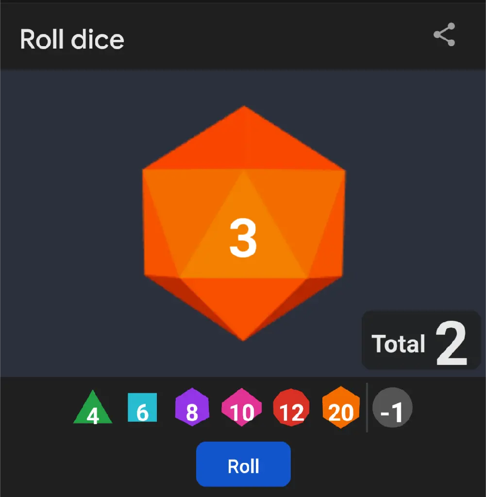 A 20-sided die roll showing &#39;3&#39; and a modifier of -1