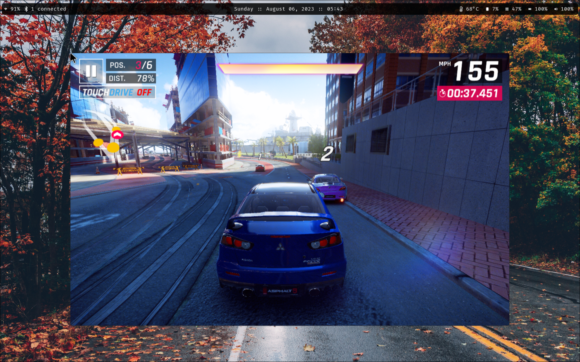 screenshot of Asphalt 9 on an emulated Android