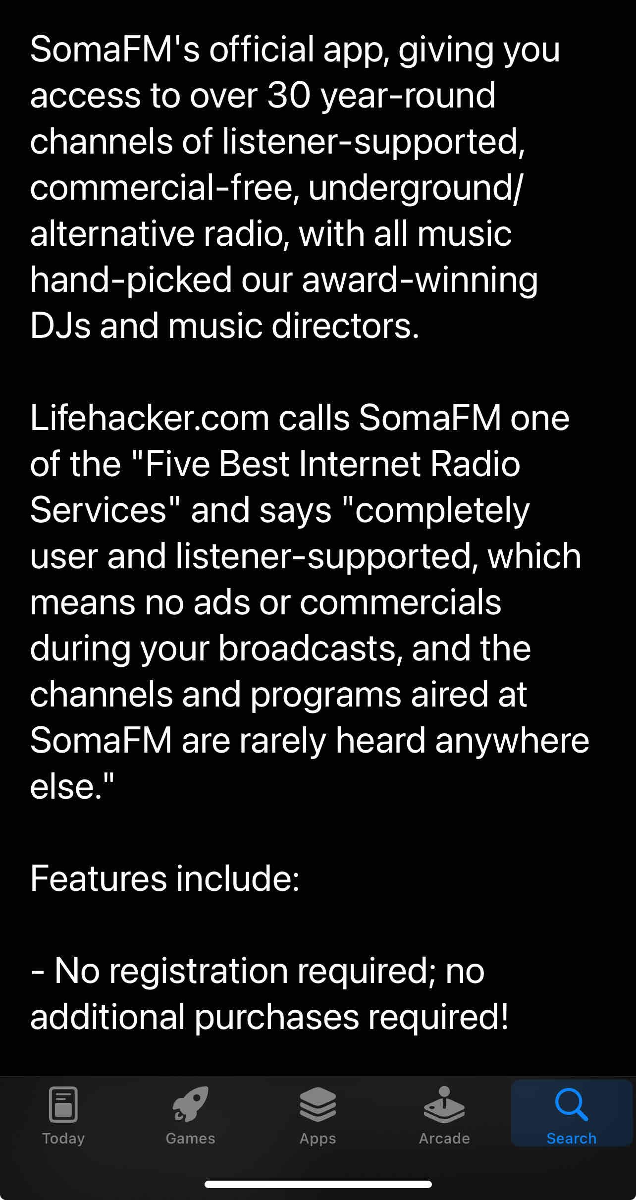 Apple App Store description from the developer of SomaFM Radio app. 