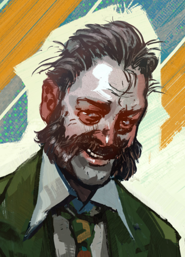 Default portrait of Harry DuBois from Disco Elysium making the Expression, a pained grin worn into the face of a broken man over a decade of sorrows