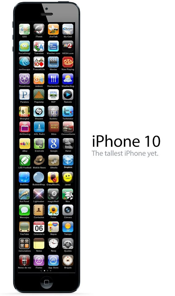 image of an iPhone 5 with a ridiculously tall screen, captioned iPhone 10 the tallest iPhone yet