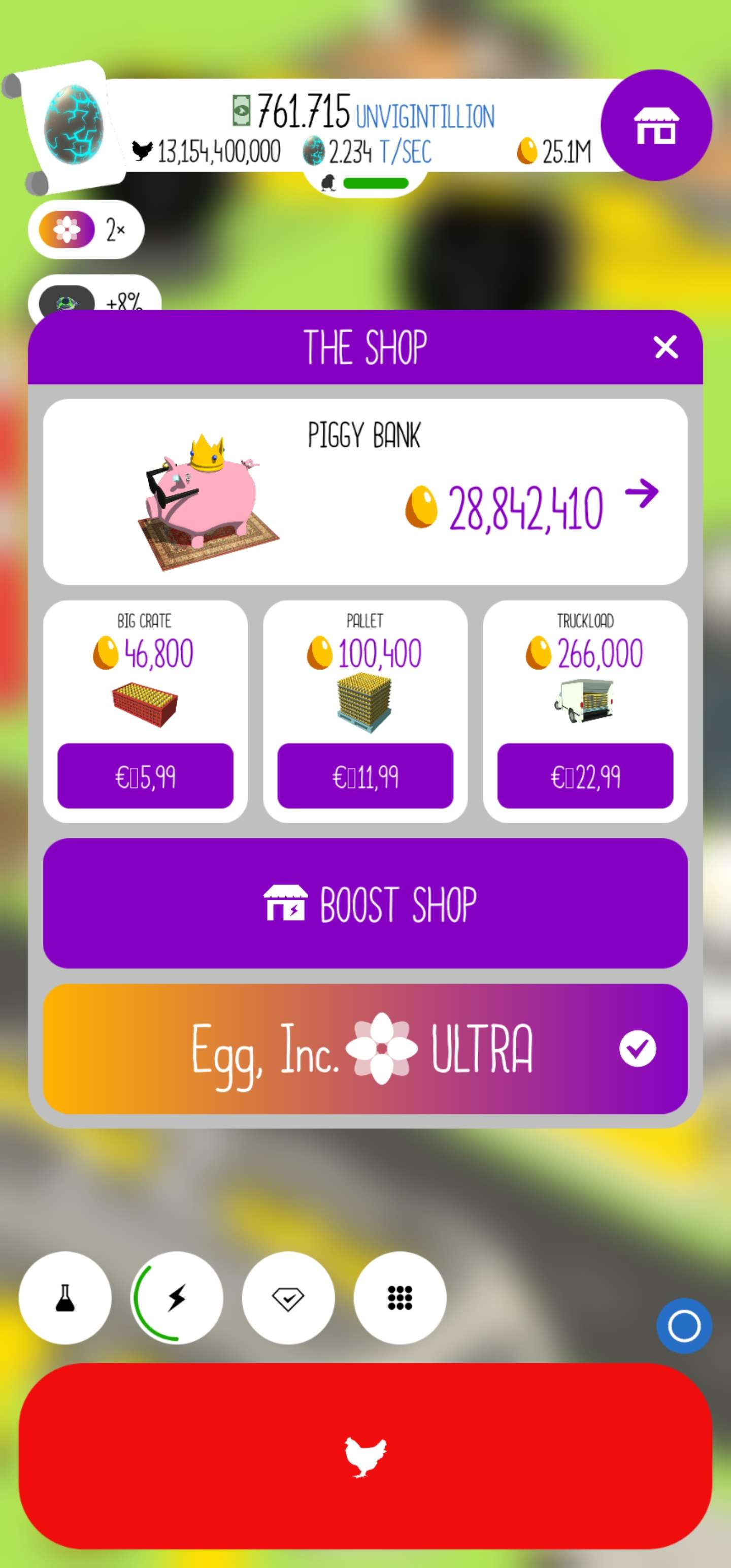 Egg Inc ULTRA button in the shop menu