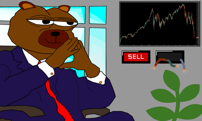 Bobo the bear in a suit enjoys watching stocks crash