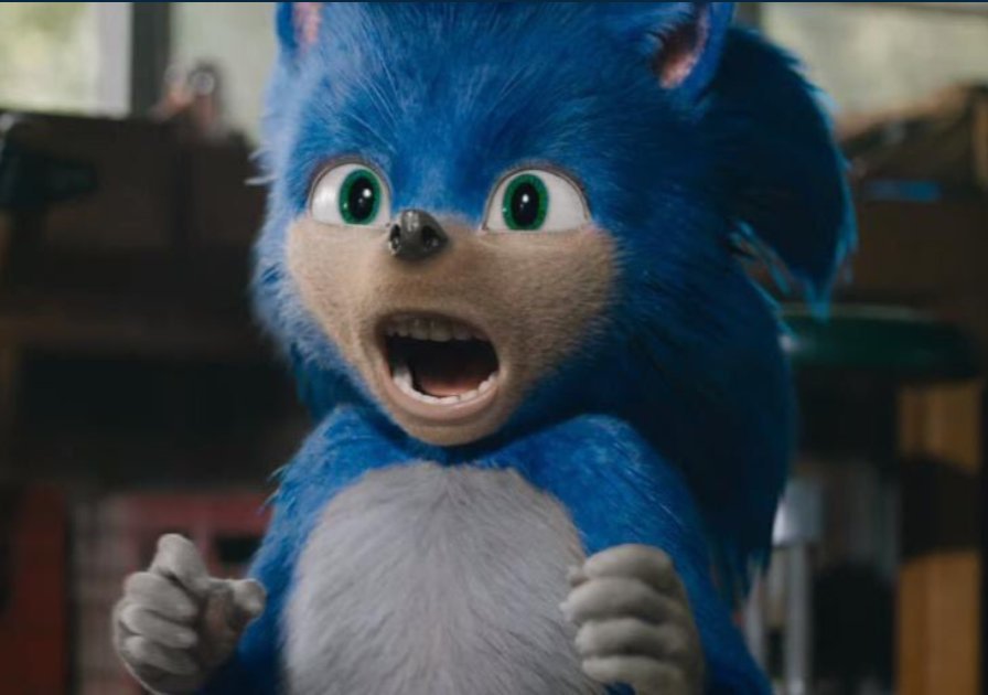 Live action Sonic before remodelling, gasping due to surprise, showing his human-like teeth.