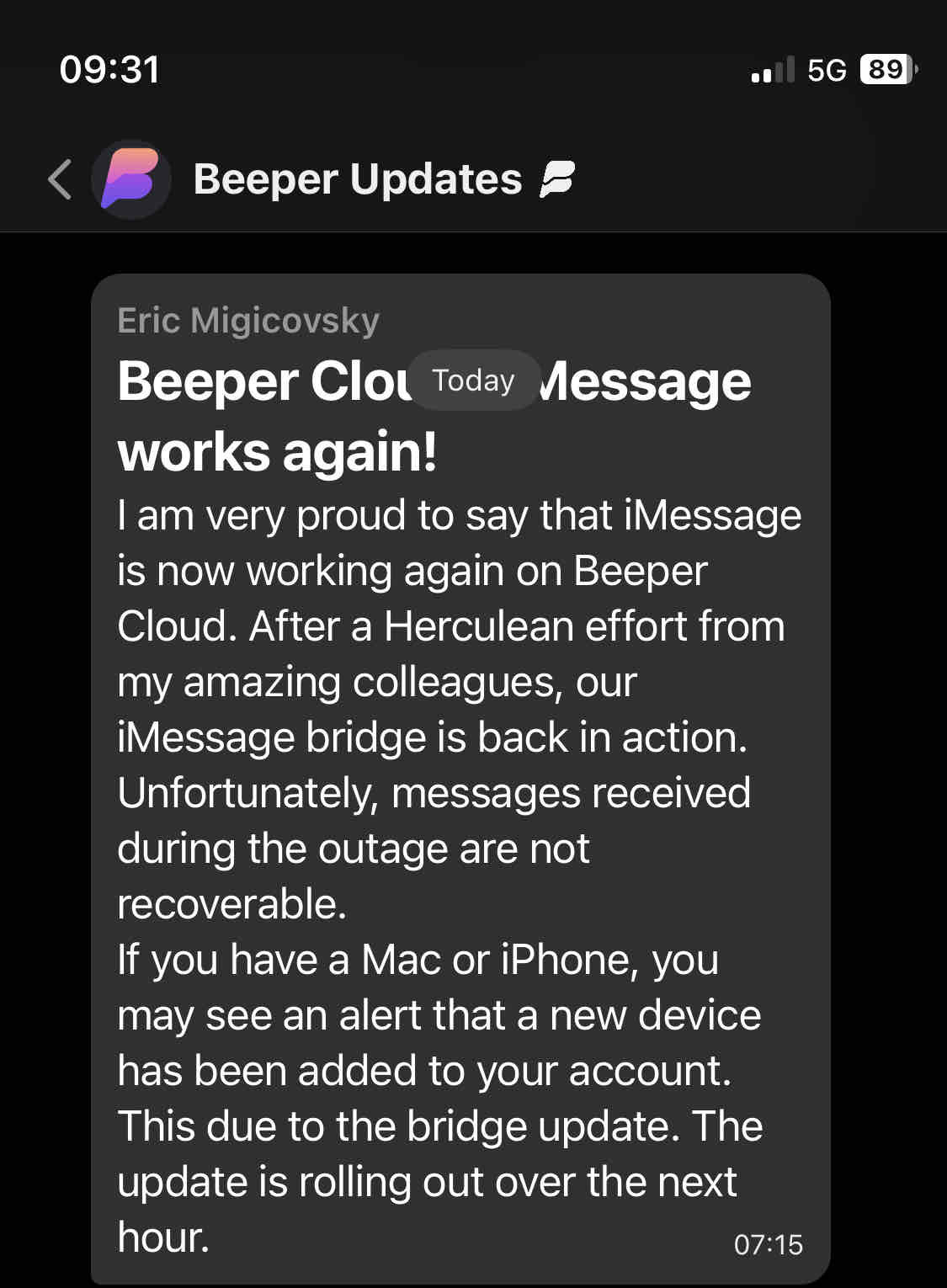 Beeper iMessage outage screenshot 1