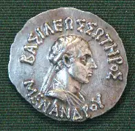 Silver coin of Menander, Greek Buddhist monarch of the Punjab, 160-140 BCE