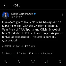 [Woj] Free agent guard Frank Ntilikina has agreed on a one-year deal with the Charlotte Hornets, Sam Rose of CAA Sports and Olivier Mazet of Maz Sports tell ESPN.