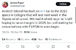 [Jenna Fryer] Andretti Global has built an F1 car to the 2023 specs in Cologne that will test next week in the Toyota wind tunnel.