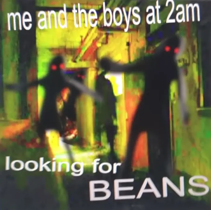 A hallway with black shadowy figures and glowing red eyes captioned &quot;Me and the boys at 2AM looking for beans&quot;