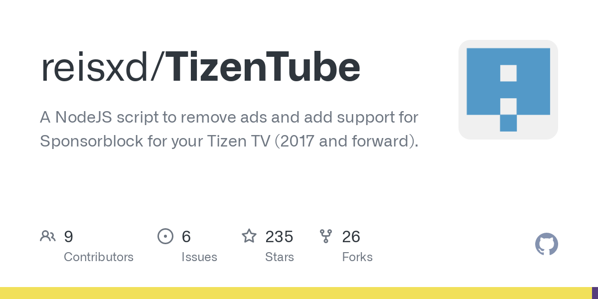 GitHub - reisxd/TizenTube: A NodeJS script to remove ads and add support for Sponsorblock for your Tizen TV (2017 and forward).