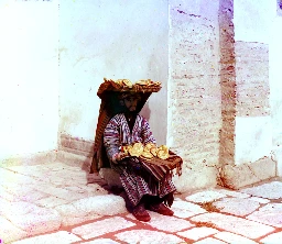 Bread vendor in Samarkand, taken between 1905-1915 AD