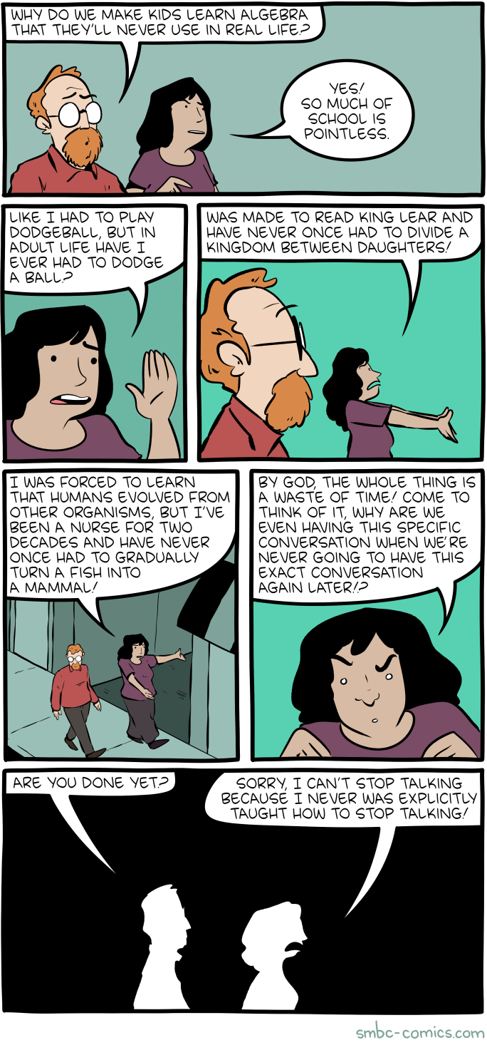 Smbc comic where a man and a woman discuss all the useless things kids learn in school