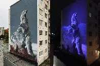 The mural "The Last Cocktail" by Onur is painted on a six storey residential building in Jyväskylä, Finland and features a special UV layer.