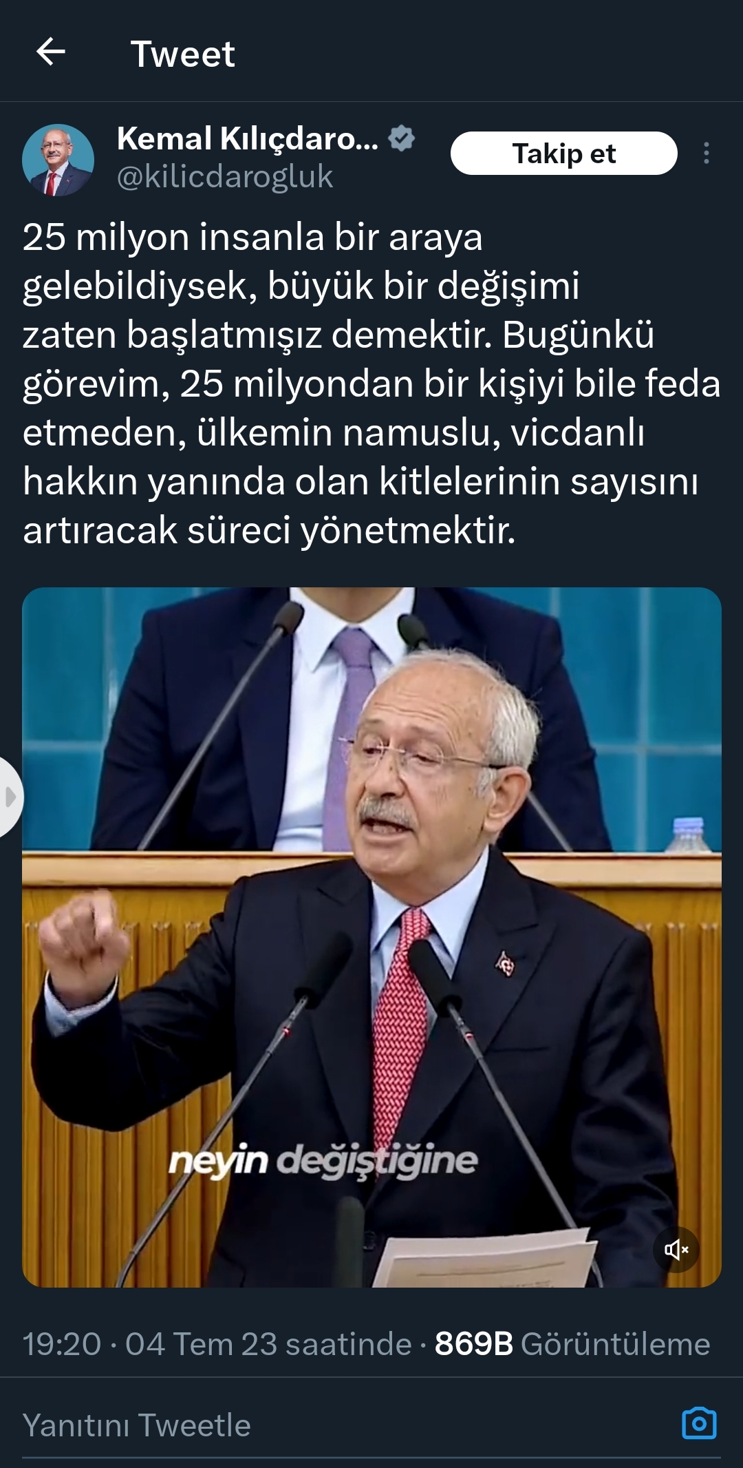 Kemal Kılıçdaroğlu : 25 milyon insanla bir araya gelebildiysek, büyük bir değişimi zaten başlatmışız demektir.