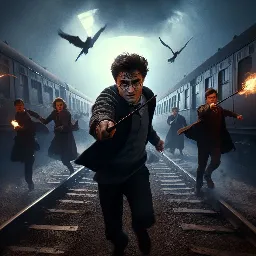 [Bing] Harry Potter train fight with wands, deleted movie scene, realistic, HD