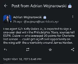 [Woj] Free agent G/F Kelly Oubre Jr., is expected to sign a one-year deal with the Philadelphia 76ers, sources tell ESPN.