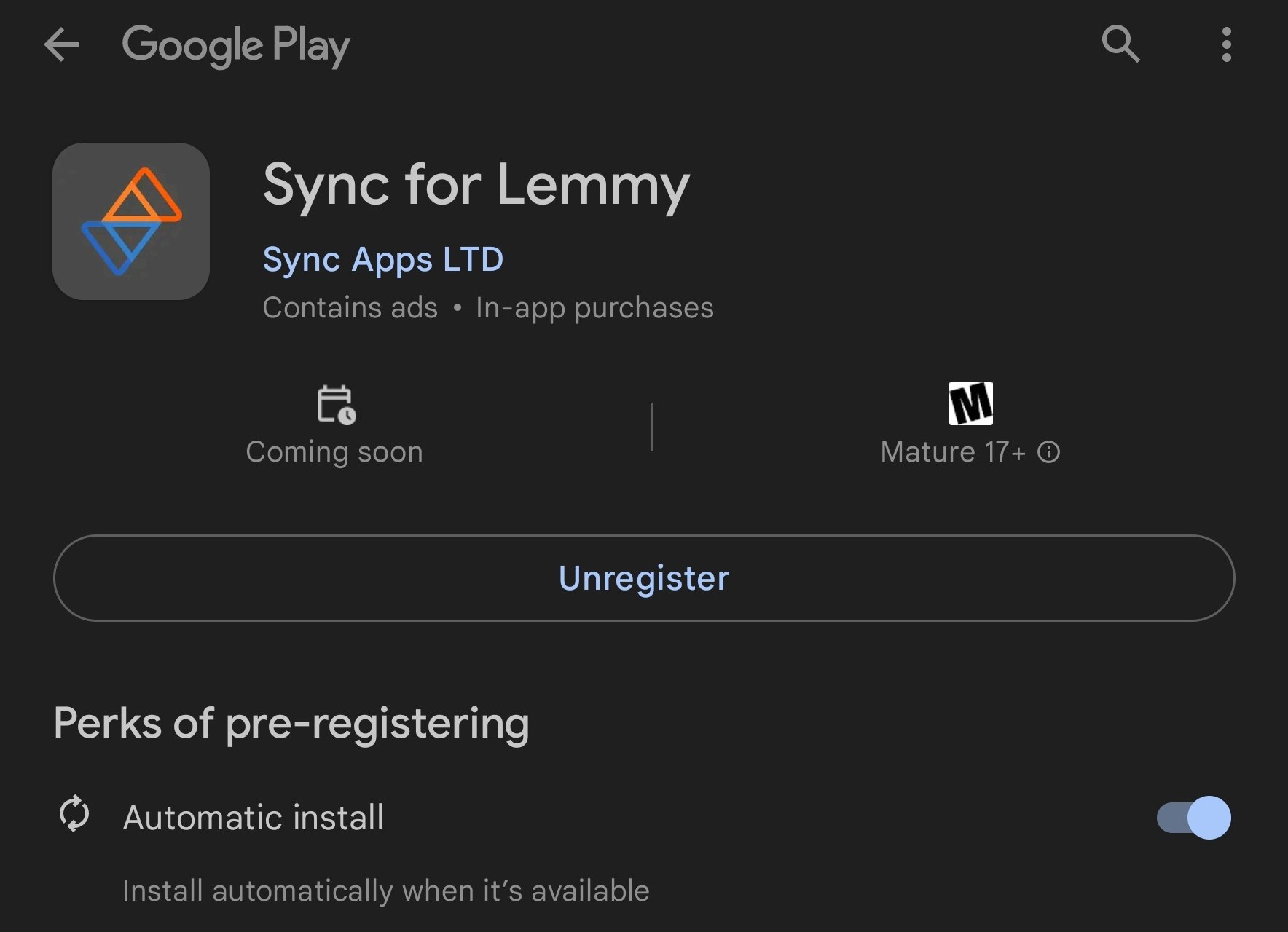 sync for Lemmy Google Play store page. says coming soon button on register. automatic install is checked