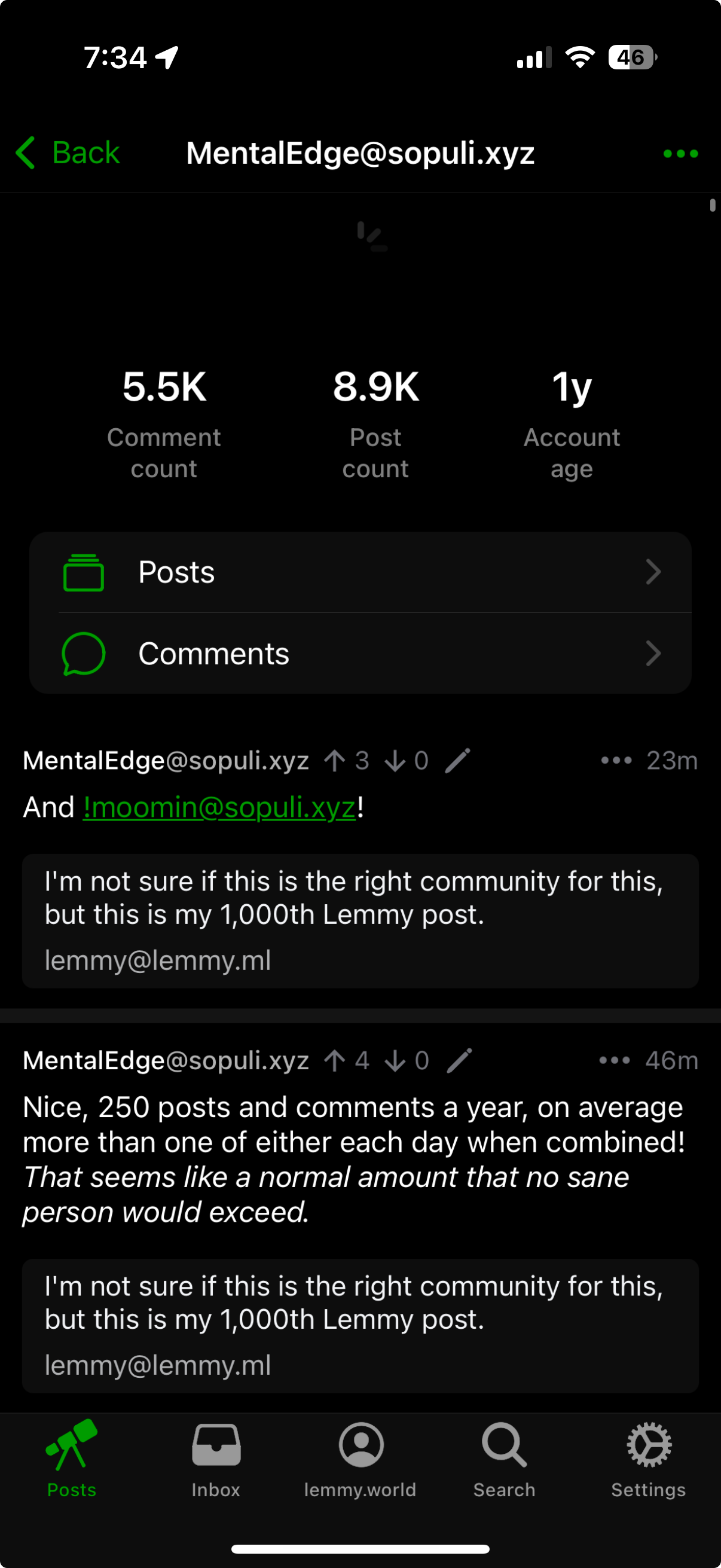 Screenshot of [@MentalEdge@sopuli.xyz](https://sopuli.xyz/u/MentalEdge)’s comment and post count of 5.5k and 8.9k, respectively, and 1y account age