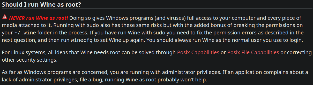 WineHQ warning never to run Wine as root