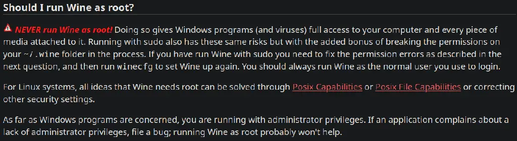 WineHQ warning never to run Wine as root