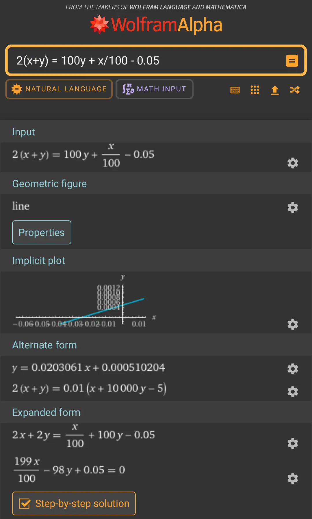 expanded form from Wolfram alpha: 199x/100 -98y +0.05 =0