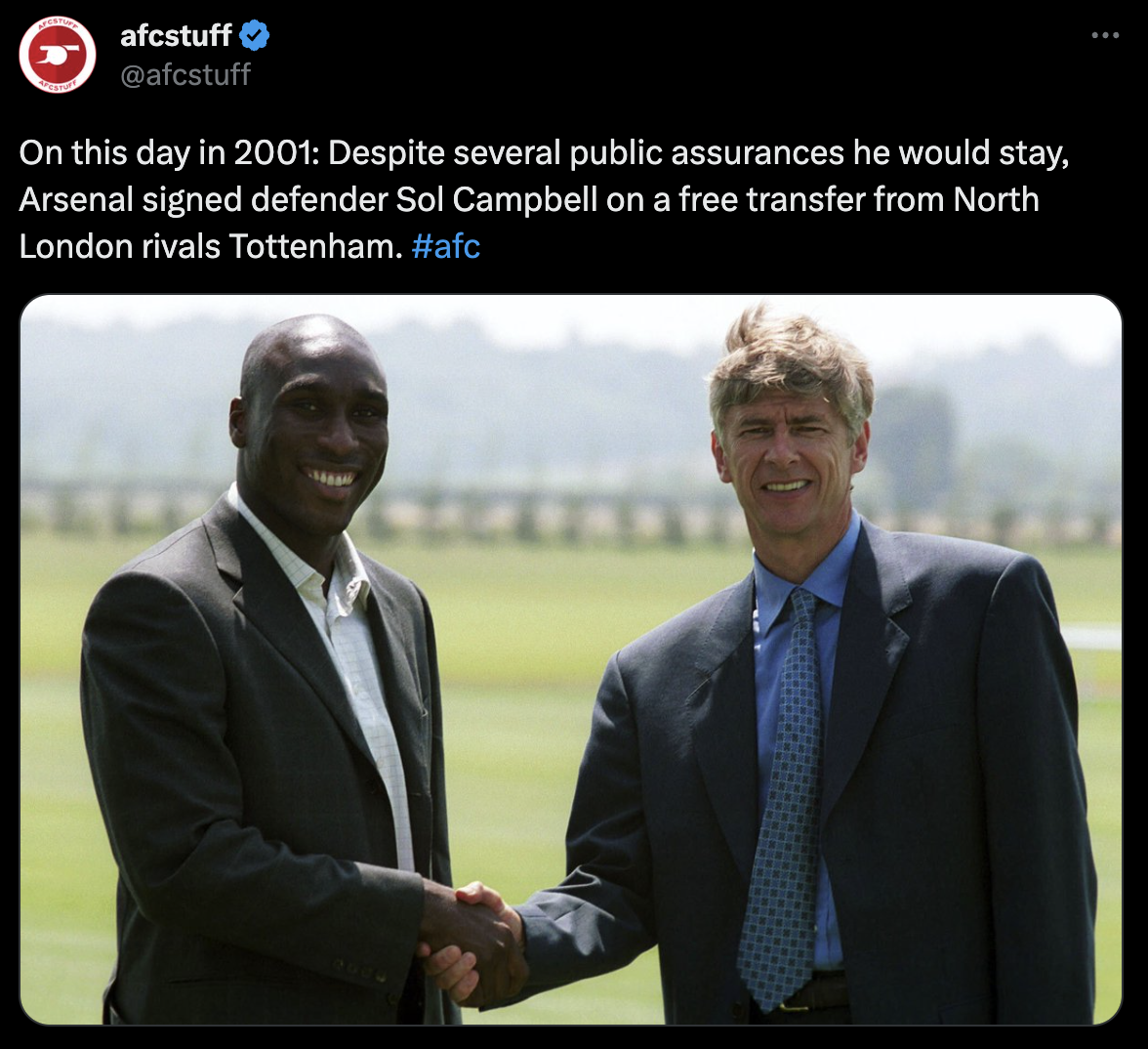 afcstuff tweeted: On this day in 2001: Despite several public assurances he would stay, Arsenal signed defender Sol Campbell on a free transfer from North London rivals Tottenham.