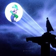 A picture of Batman's bay signal with the bat replaced with Nintendo character Luigi