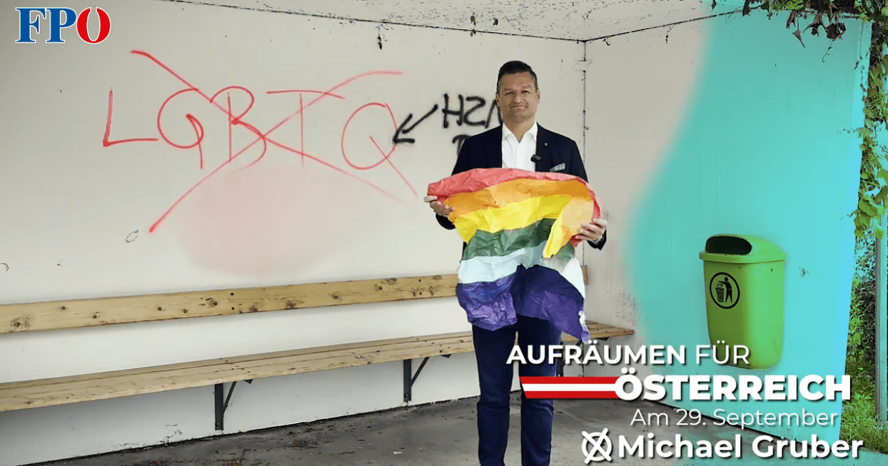 Wahlkampfspot: FPÖ-Politiker wirft Regenbogenfahne in den Müll