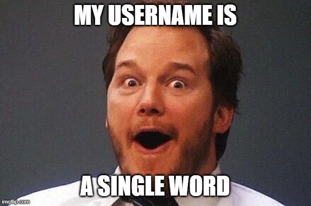 Happy Chris Pratt face, with captions "My username is a single word"