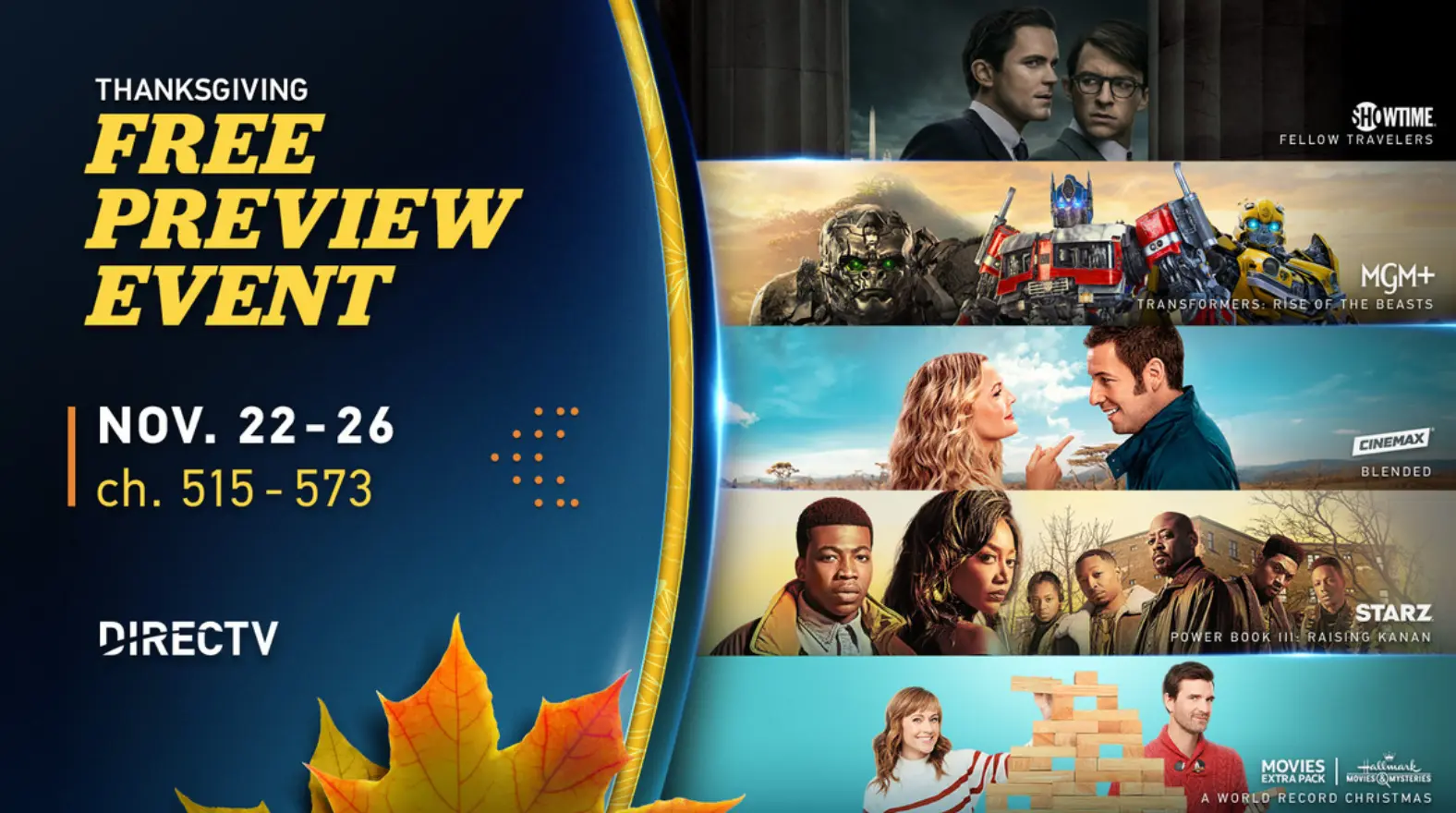 DIRECTV’s Thanksgiving Free Preview Event Returns With Showtime, MGM+, Cinemax, Starz, and Movies Extra Pack | Cord Cutters News