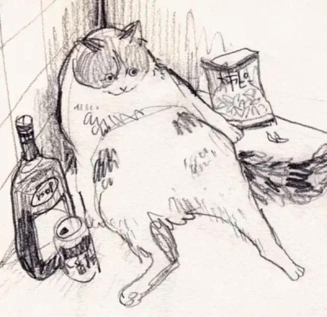 line drawing of cat leaning back in a corner surrounded by junk food wrappers and opened alcohol containers. It looks like it's been on a bender.