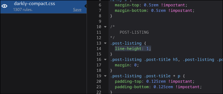 screenshot of the darkly-compact.css file where line-height is set to 1 in .post-listing