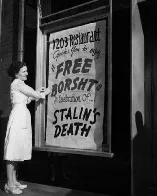 Ukrainian restaurant offering free borsht in celebration of Stalin's death, New York City, USA, 1953