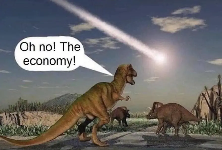 tyrannosaurus rex watches as THE comet hurtles towards earth, exclaiming, &quot;oh no the economy!&quot;