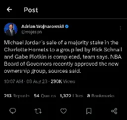 [Woj] Michael Jordan’s sale of a majority stake in the Charlotte Hornets to a group led by Rick Schnall and Gabe Plotkin is completed, team says.