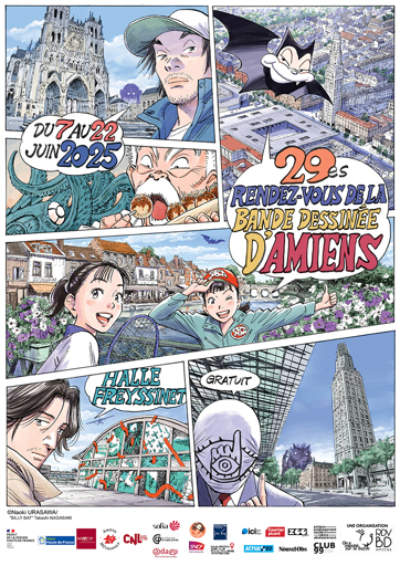 A poster for the 2025 Rendez-vous de la bande dessinée d’Amiens, drawn by Naoki Urasawa. The pictures show some of his characters next to well-known buildings and places from Amiens. There are dialog bubbles that say: “du 7 au 22 juin 2025”, “29es Rendez-vous de la bande dessinée d’Amiens”, “Halles Freyssinet”, “gratuit”.