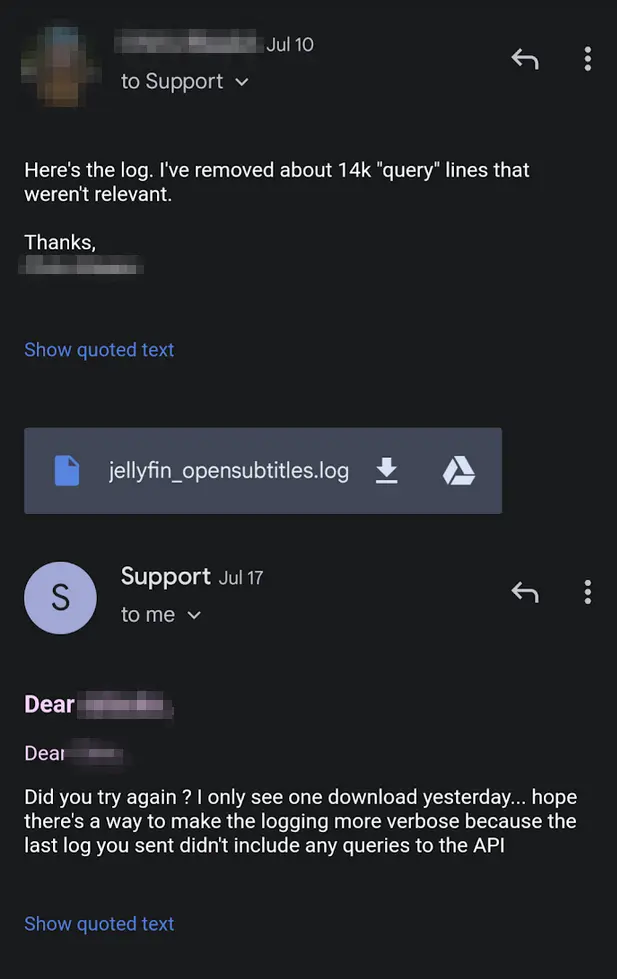 Screenshot of user CeeBee providing logs via email to OpenSubtitles support