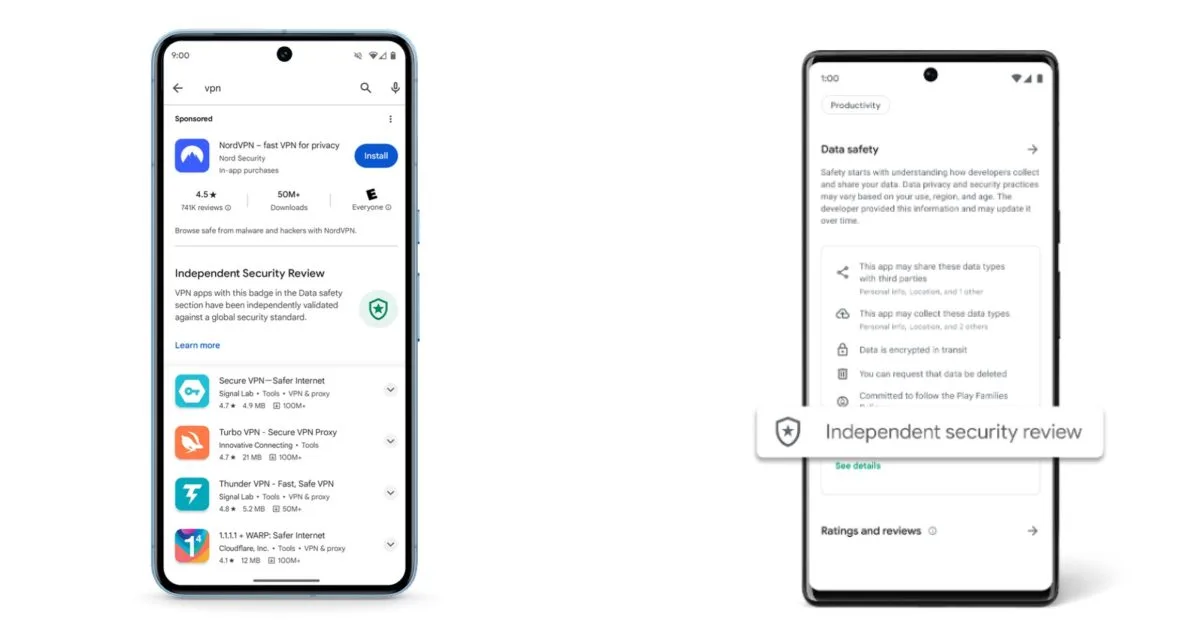 Google Play highlighting VPNs that have undergone an independent security review
