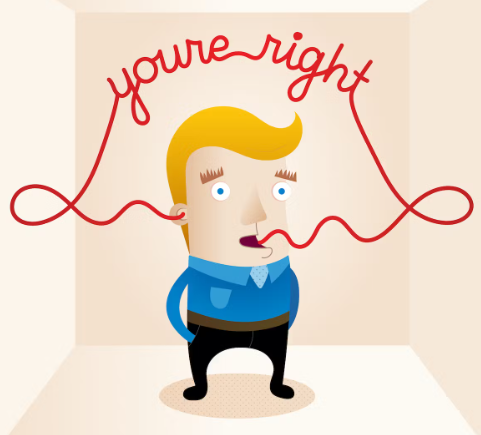 cartoon image of man saying you're right with a line going from his mouth to his ears representing an echo chamber