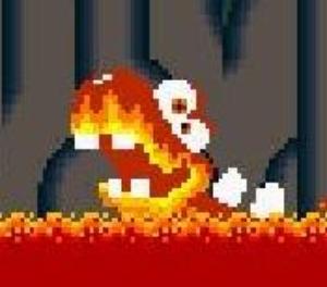 Blargg, a lava dinosaur from Super Mario World, popping its head out from a pool of magma.