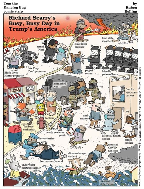 Richard Scarry's busy, busy day in Trumps America depicts news events from 2020 I the form of a children's book