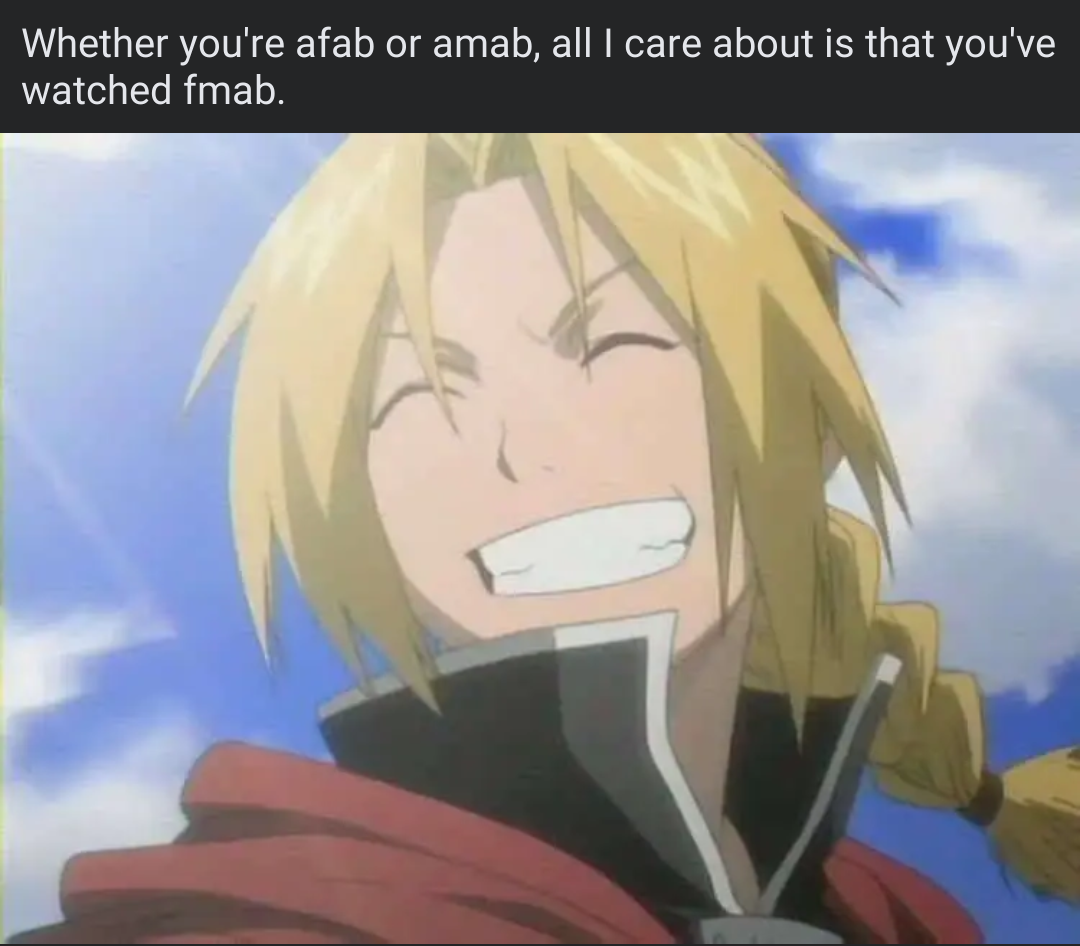 "Whether you're afab or amab, all I care about is that you've watched fmab." Below is a picture of Edward Elric smiling in the sunlight.