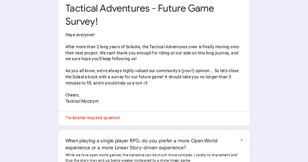 Tactical Adventures - Future Game Survey!