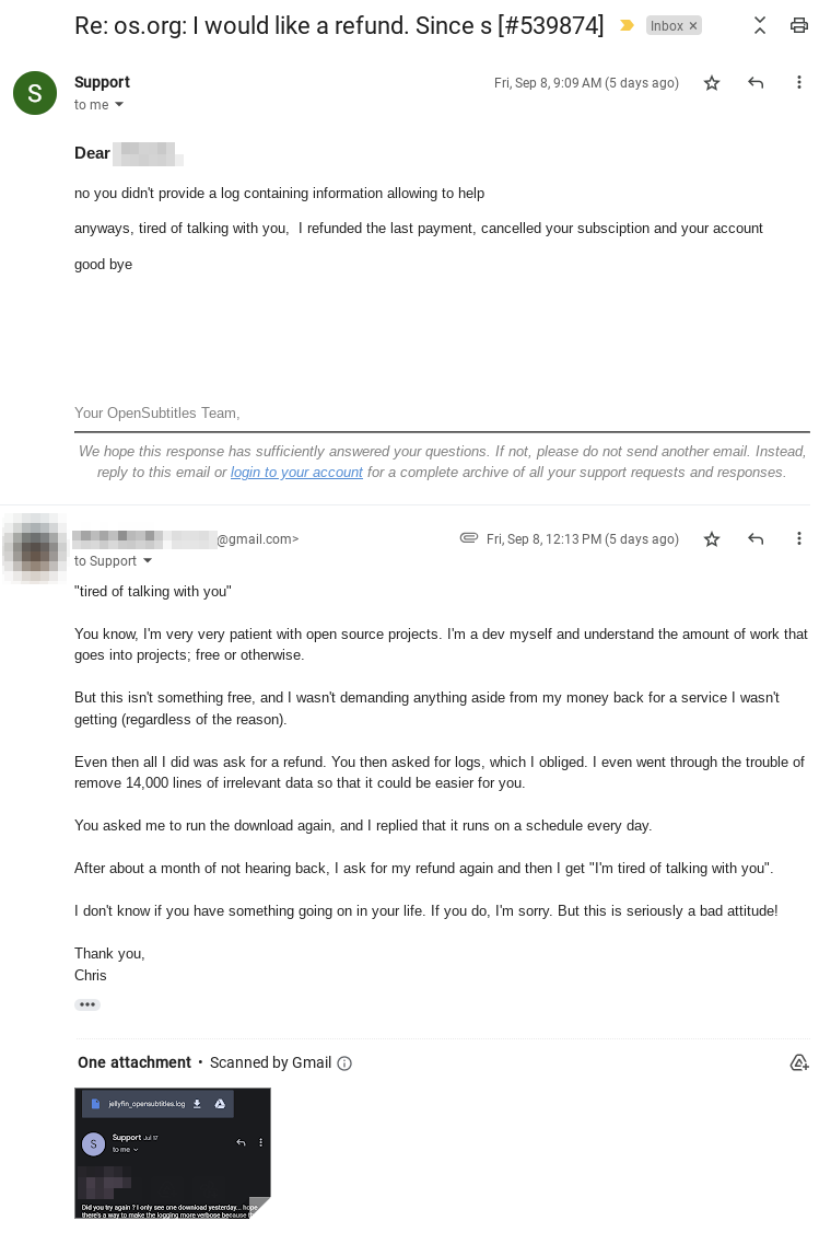 Email response from OpenSubtitles support saying "I'm tired of you" and deleted my account