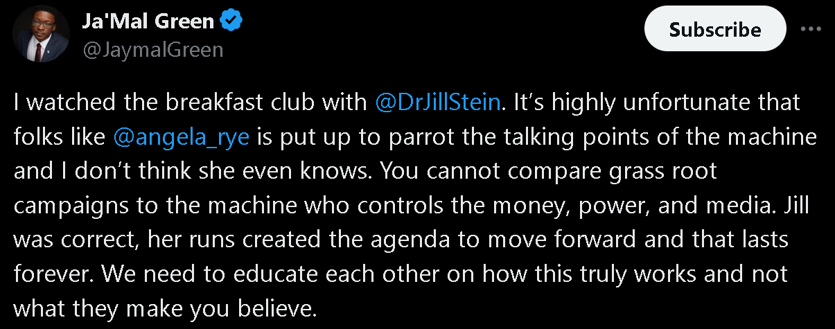 I watched the breakfast club with @DrJillStein. It’s highly unfortunate that folks like @angela_rye is put up to parrot the talking points of the machine and I don’t think she even knows...