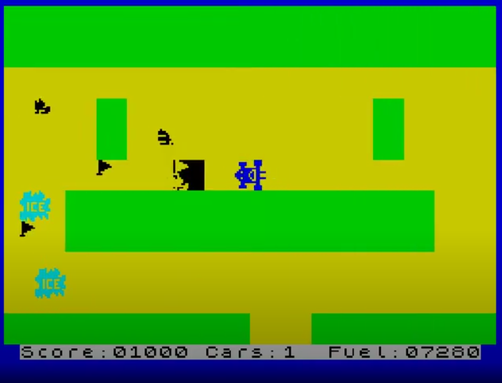 A screenshot from Maze Death Race on the ZX Spectrum